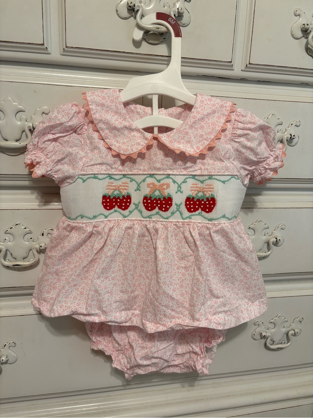 Stitchy Fish Pink Strawberry Smocked Baby Matching Set